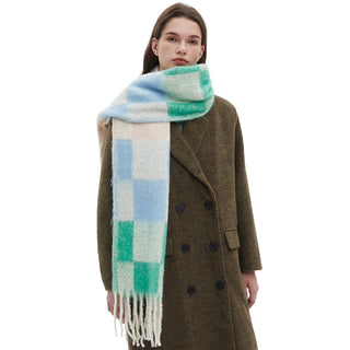 Adorro - Soft Chunky Checkerboard Fleece Scarf with Tassel (6 colors)