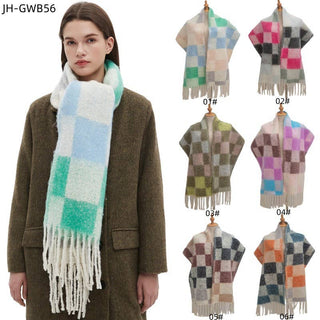 Adorro - Soft Chunky Checkerboard Fleece Scarf with Tassel (6 colors)
